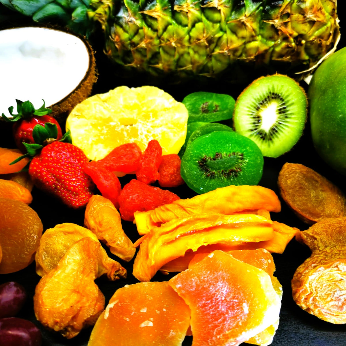 Mixed dried fruits, colourful, mixed with fresh fruits 